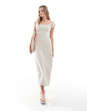 ASOS DESIGN puffärmad klänning med fyrkantig halsringning i midi-längd i stenblandning