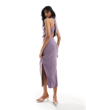 ASOS DESIGN – Lila midiklänning med hög halsringning och korsad rygg