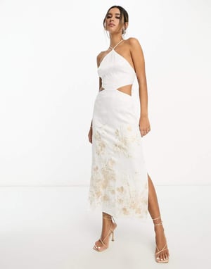 ASOS EDITION – Elfenbensvit midiklänning i satin med halterneck och blommig brodering och utskuren rygg
