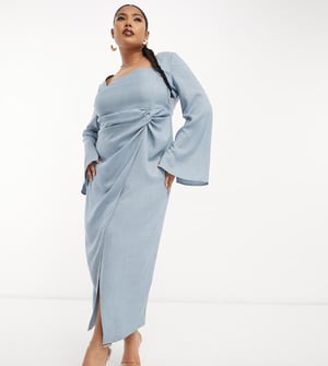 ASOS DESIGN Curve – Blå midiklänning med fyrkantig halsringning och räfflade ärmar
