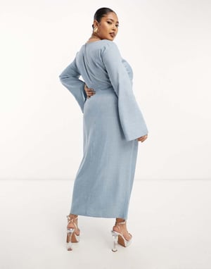 ASOS DESIGN Curve – Blå midiklänning med fyrkantig halsringning och räfflade ärmar
