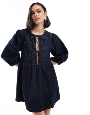 ASOS DESIGN denim puff sleeve dress in indigo