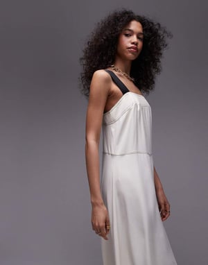 Topshop – Elfenbensvit midiklänning i satin med kontrasterande sömmar och twill