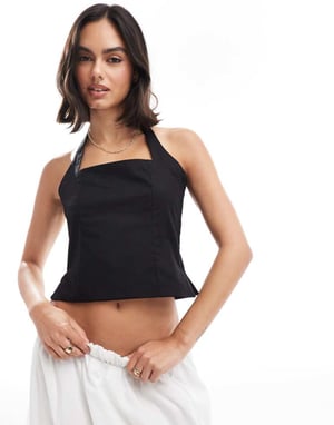 ASOS DESIGN poplin fitted halter top in black