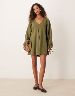 ASOS DESIGN supersoft v-neck flare hem skirt mini dress with tie sleeve in olive