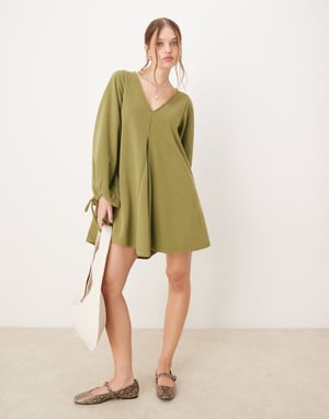 ASOS DESIGN supersoft v-neck flare hem skirt mini dress with tie sleeve in olive