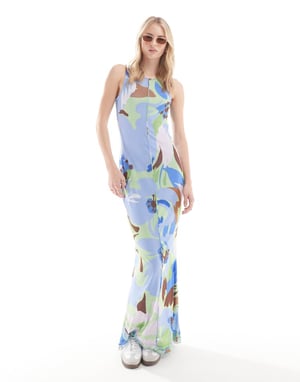 Vero Moda Tall – Blå blommig ärmlös klänning i mesh med salladskant