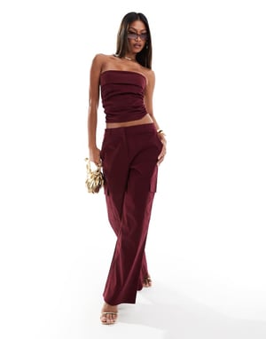 Kaiia exclusive cotton rich bandeau foldover top co-ord in dark burgundy