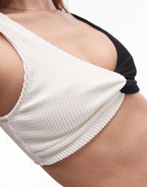 Topshop crinkle twist front bikini top in mono contrast