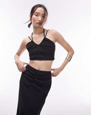 Topshop – Svart topp med knytdetalj och rynka framtill, del av set