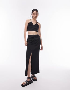 Topshop – Svart topp med knytdetalj och rynka framtill, del av set