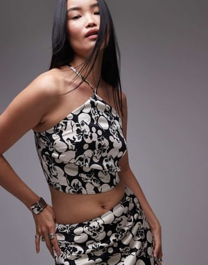 Topshop – Svart blommig topp med halterneck, del av set