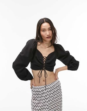 Topshop – Svart topp med långa ärmar och snörning