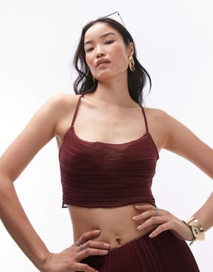 Topshop – Rödbrunt, plisserat, kort linne med huva och del av set