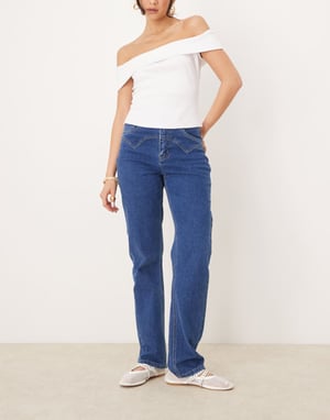 Object straight leg jeans with western stitching in medium blue