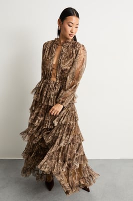 Petite Ruffle Neck Tulle Maxi Dress