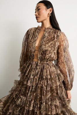 Petite Ruffle Neck Tulle Maxi Dress