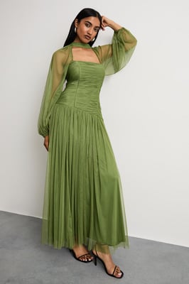 Bow Detail Gathered Tulle Maxi Dress with Open Neck