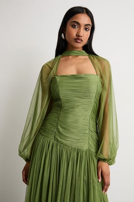 Bow Detail Gathered Tulle Maxi Dress with Open Neck