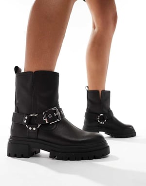 ALDO – Harlly – Svarta, platta bikerboots med ankelrem