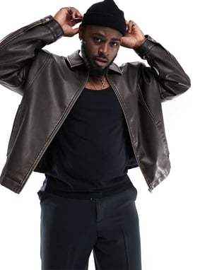 ASOS DESIGN oversized faux leather harrington jacket in brown