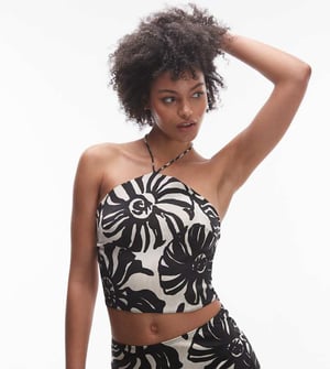 Topshop Tall Co-ord High neck satin halter suntop in mono fern smudge print