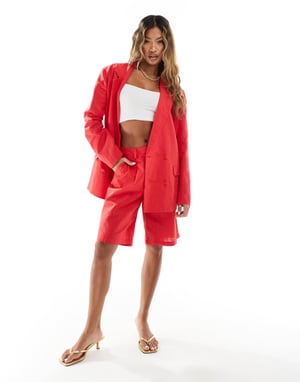 Kaiia exclusive linen look tailored shorts co-ord in red