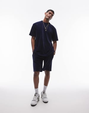 Topman – Marinblå shorts i sammet med manchesterdetaljer och överdimensionerad passform