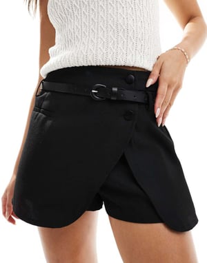 ASOS DESIGN tailored wrap belted skort in black