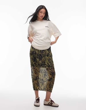 Topshop crinkle jersey midaxi skirt in green smudge print