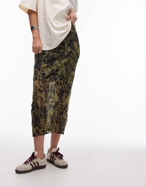 Topshop crinkle jersey midaxi skirt in green smudge print
