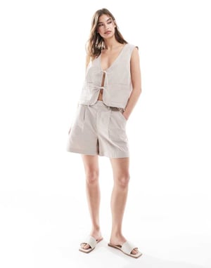 ASOS DESIGN longline short in crinkle fabric co-ord in stone
