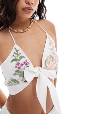 ASOS DESIGN embroidered floral tie front cami co-ord in white