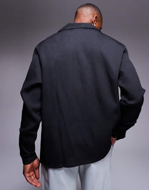 ASOS DESIGN relaxed deep revere shirt in plisse in black
