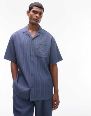Topman coord kortärmad plisseskjorta i mellanblått