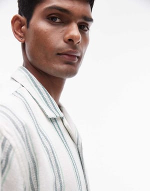 Topman – Grön, virkad randig skjorta med kort ärm