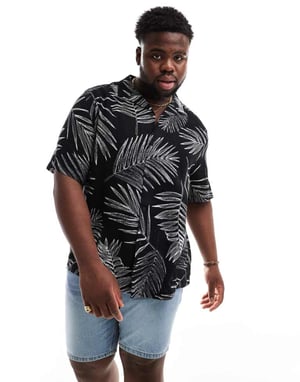 ASOS DESIGN relaxed revere shirt with leaf print in black