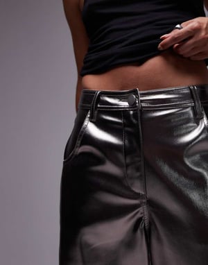 Topshop straight leg metallic faux leather trouser in gunmetal