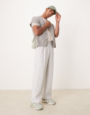 ASOS DESIGN smart wide leg pleated wool mix trousers in light grey herringbone