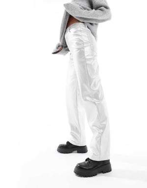 ASOS DESIGN faux leather straight leg trousers in silver