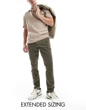 ASOS DESIGN tapered fit cord trouser with elasticated waist in khaki