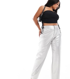 ASOS DESIGN Curve faux leather straight leg trousers in silver