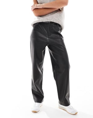 ASOS DESIGN Petite faux leather straight leg trousers in washed black