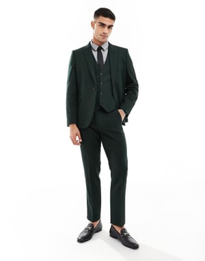 ASOS DESIGN slim wool blend suit trousers in bottle green herringbone