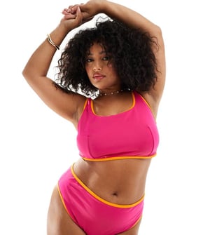 ASOS DESIGN Curve contrast binding high leg high waist bikini bottom in pink