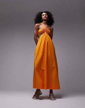 Topshop – Orange midiklänning i poplin med halterneck