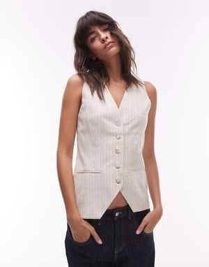 Topshop stripe linen fitted button up waistcoat in oat