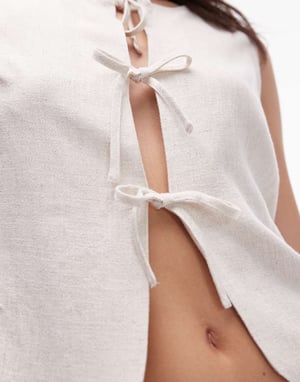 Topshop – Beige linneväst med knytning framtill, del av set