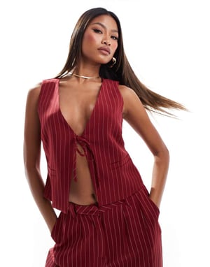 Kaiia exclusive tie front waistcoat co-ord in burgundy pinstripe