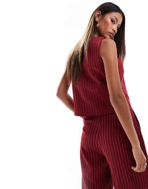 Kaiia exclusive tie front waistcoat co-ord in burgundy pinstripe